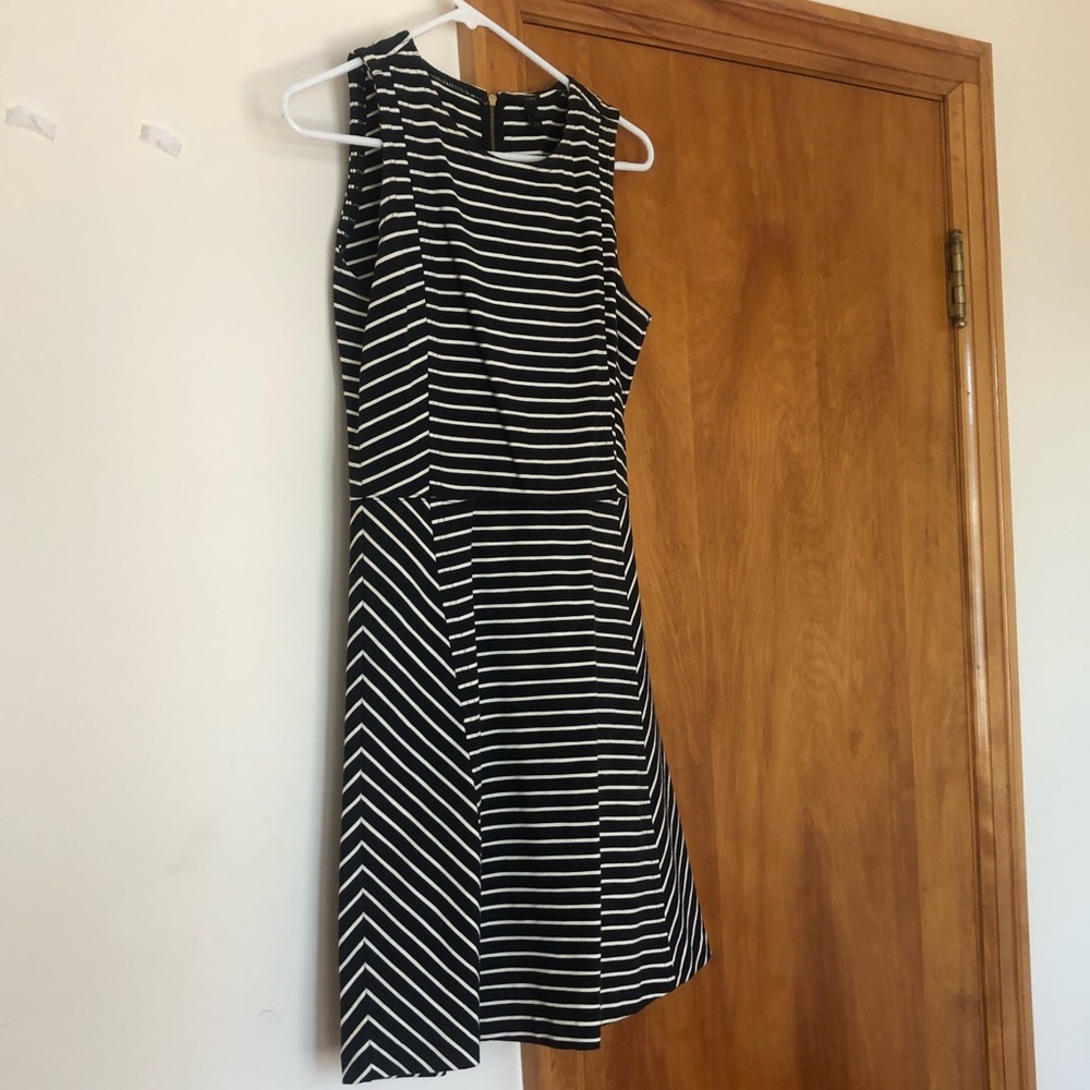 JCrew navy white stripe dress with gold zipper